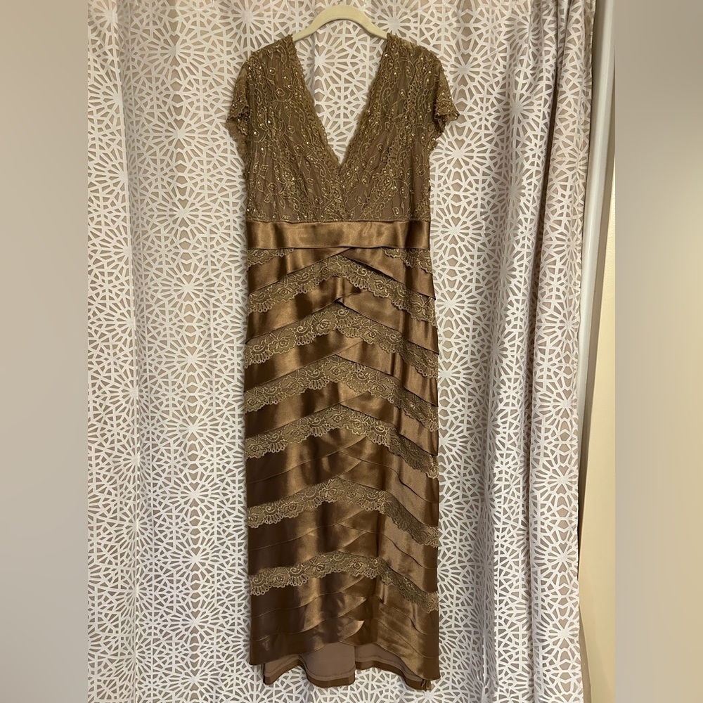 KM Collections Bronze Satin And Lace Dress